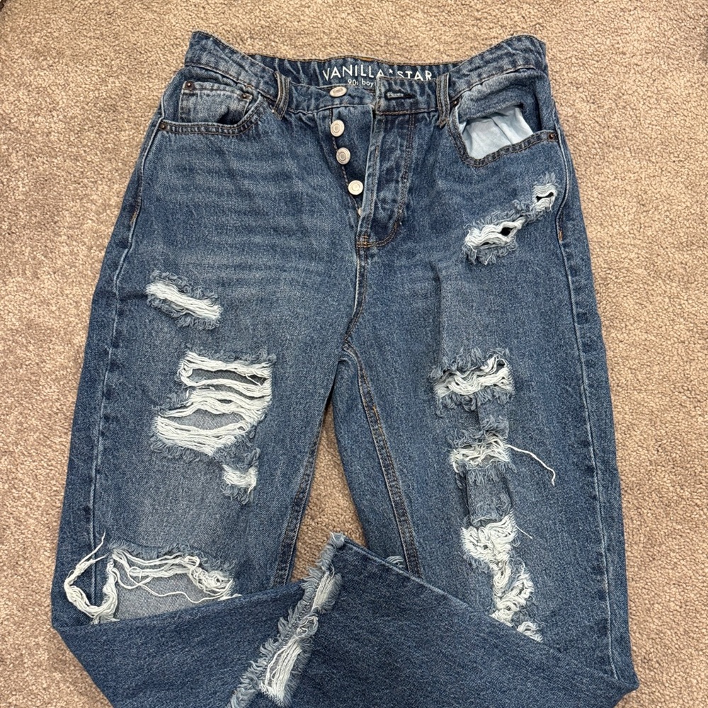 Vanilla Star Women's Ripped Denim Boyfriend Jeans